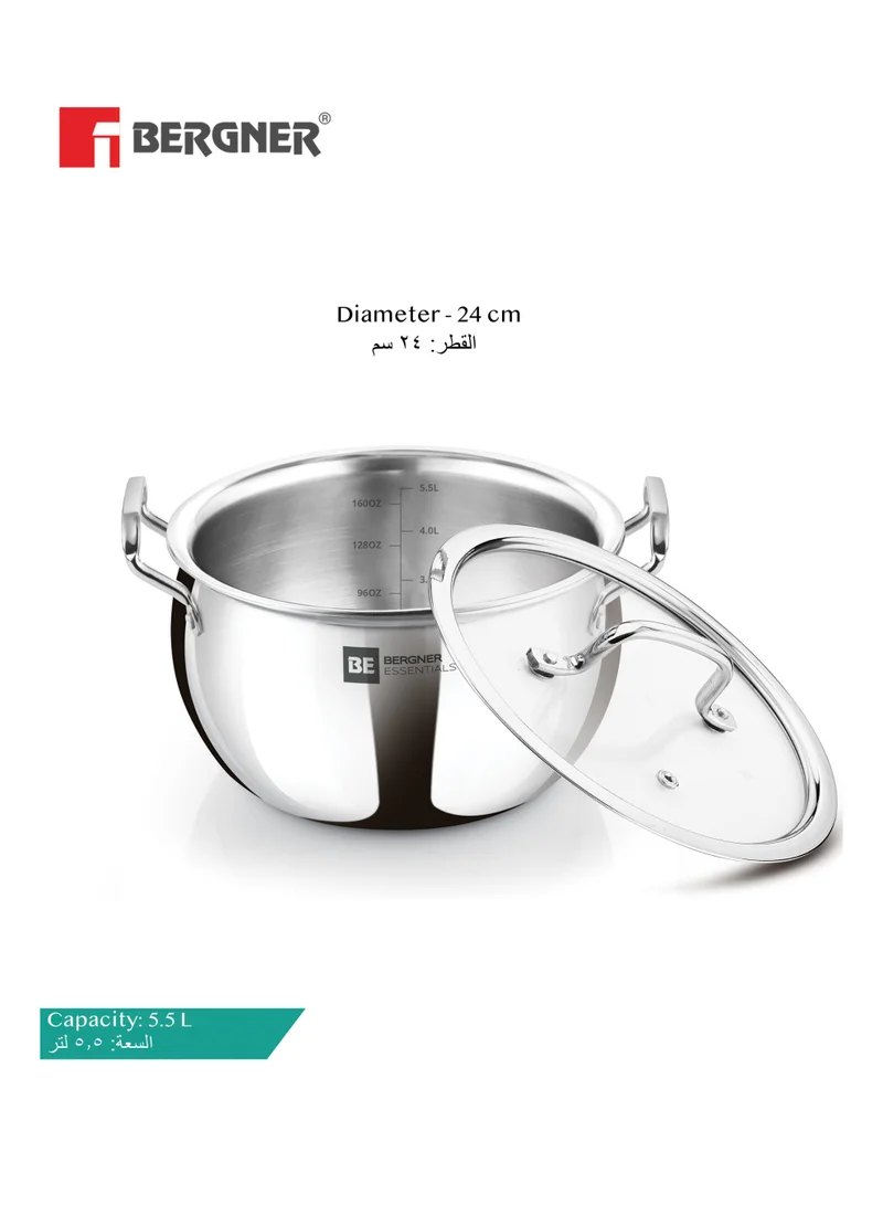 بيرجنر Bergner Essentials 24cm (5.5L) Tri-Ply Stainless Steel Large Rice Pot – Heavy-Duty Healthy Cooking Handi with Glass Lid for Biryani Pulao Soups Curries – Even Heating – Gas & Induction Compatible